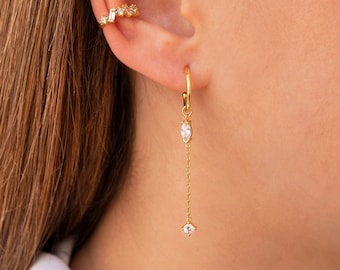JIANGYUE Dainty Gold Tassel Hoop Earrings - Cubic Zirconia Huggie Earrings For Women