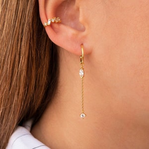 Dainty Marquise CZ Dangling Chain Drop Hoop Earrings