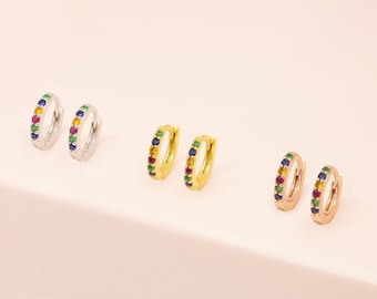 Créoles multicolores, Petites créoles, Créoles multicolores en zircone, Mini créoles en cz, Mini créoles, Boucles d'oreilles à deuxième trou