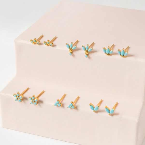 Dainty Turquoise CZ Stud Earrings Collection - 6 Different Designs