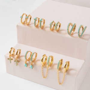 Dainty Turquoise CZ Hoop Earrings Collection - 7 Different Designs