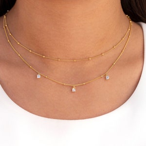 Dainty & Minimalist Ball Chain Necklace With Dangling 4 Prongs CZ Charms