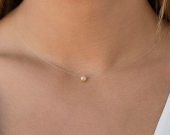 9K Solid Gold & White Gold Transparent Chain Solitaire CZ Pendant Necklace - Fake Dermal Neck Piercing