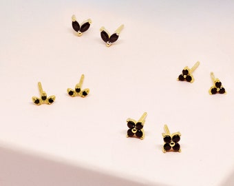 Dainty Black CZ Flower Shaped Stud Earrings Collection - 4 Different Designs