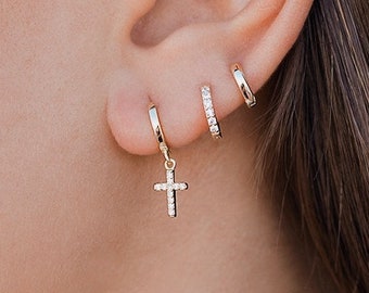 Dainty Cross-shaped Pave Cubic Zirconia Pendant Huggie Hoop Earrings