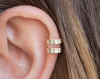 Boucles d’oreilles à double bande, manchette d’oreille en argent lisse, boucles d’oreilles sans trou, faux piercing, manchette d’oreille large, boucle d’oreille cartilagineuse