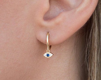 Dainty Blue CZ Eye-shaped Charm Huggie Hoop Earrings