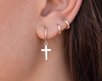 Dainty & Minimalist Cross Shaped Charm Huggie Hoop Earrings