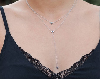 Long Necklace, Y Necklace, Zircon Pendant, Silver Necklace