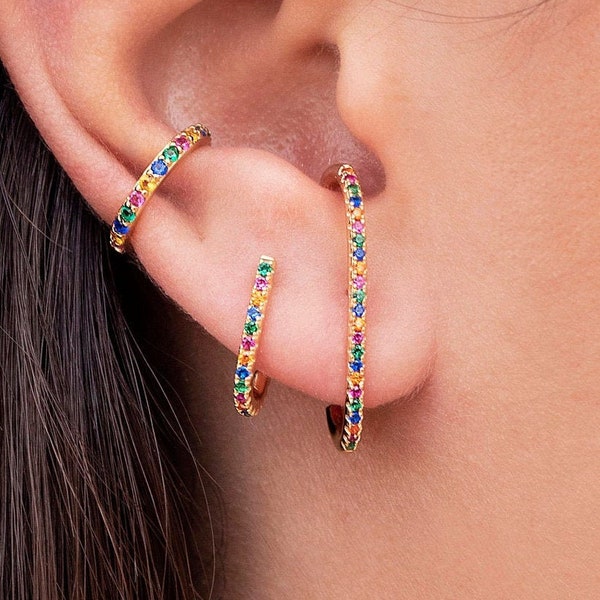 Multicolor Rainbow Cz Ear Lobe Cuff Stud Earrings