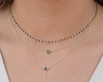 Halskette mit schwarzen Zirkonen, minimalistische Halskette, CZ-Halskette, Kleeblatt-Halskette, Halsband mit schwarzen Zirkonen, Damenhalsketten