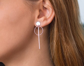 Bar and hoop earrings, Long earrings, Geometric earrings, Silver earrings, Minimalist earrings, Front hoop earrings, Modern earrings