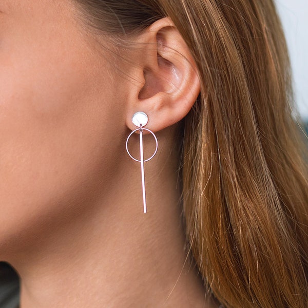 Bar and hoop earrings, Long earrings, Geometric earrings, Silver earrings, Minimalist earrings, Front hoop earrings, Modern earrings