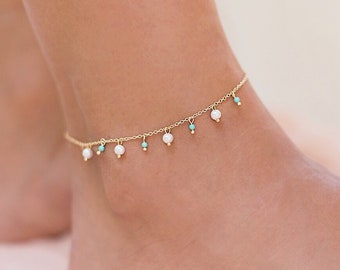 Turquoise & Pearl Charms Anklet