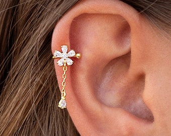 Dainty CZ Flower-shaped Ear Cuff Earrings With Dangling Chain & CZ