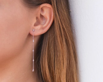 Chain earrings, Long earrings with zircons, CZ earrings, Threader earrings, Silver chain earrings, Minimalist earrings