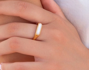 Dainty Mother of Pearl Nacre Bar Signet Ring