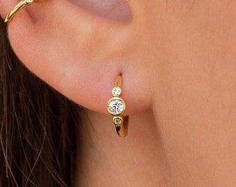 Dainty & Minimalist 3 Bezel CZ Huggie Hoop Earrings