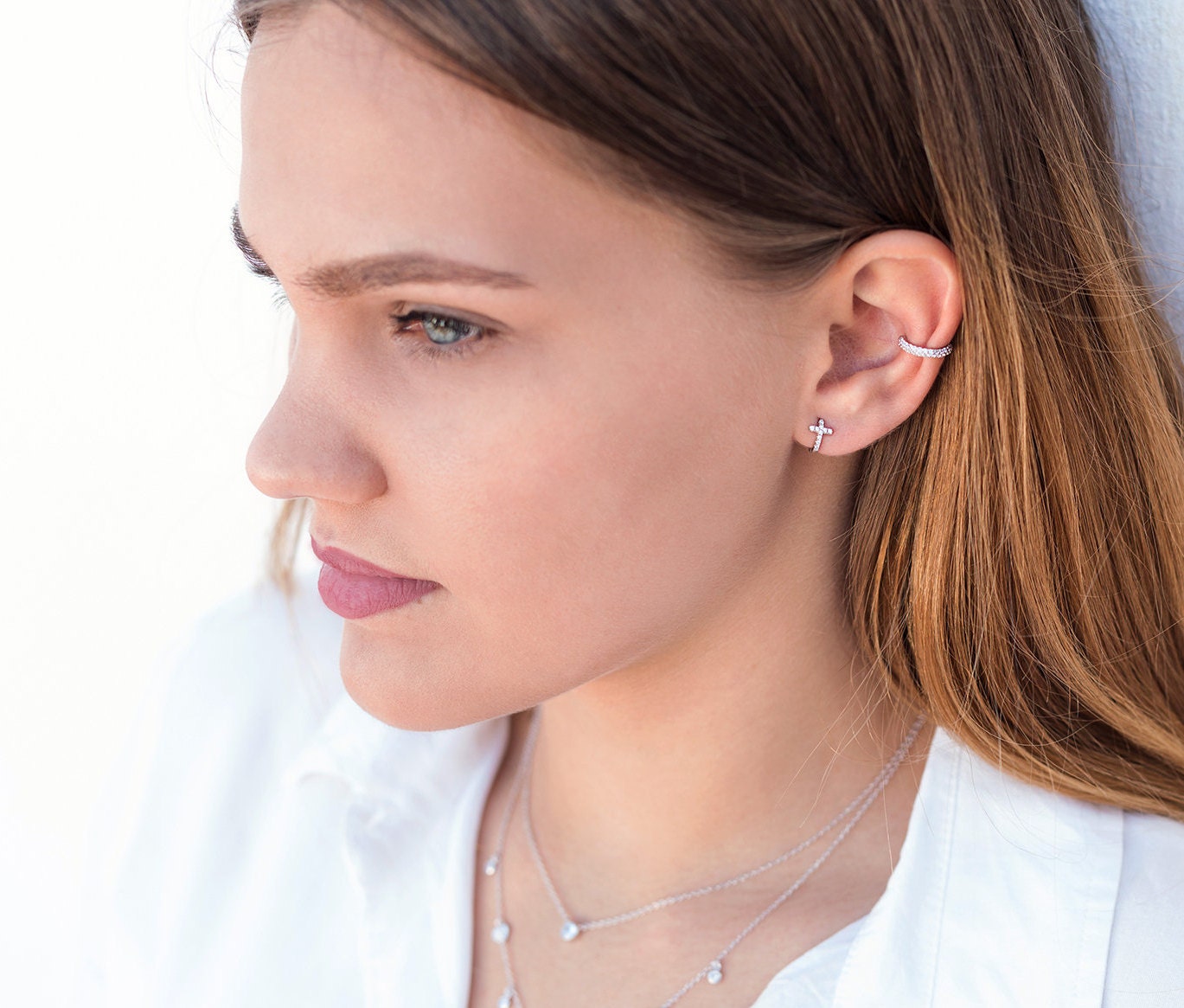 Pave Setting Cz Cross Huggie Hoop Earrings - Two Stone
