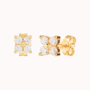 Tiny & Dainty Flower Shaped 4 CZ Stud Earrings image 2