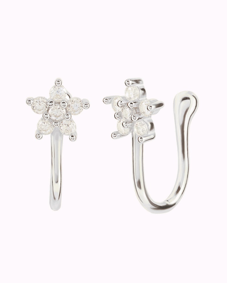 Dainty & Minimalist Pave CZ Flower Shaped Helix Ear Cuff Earrings Silver