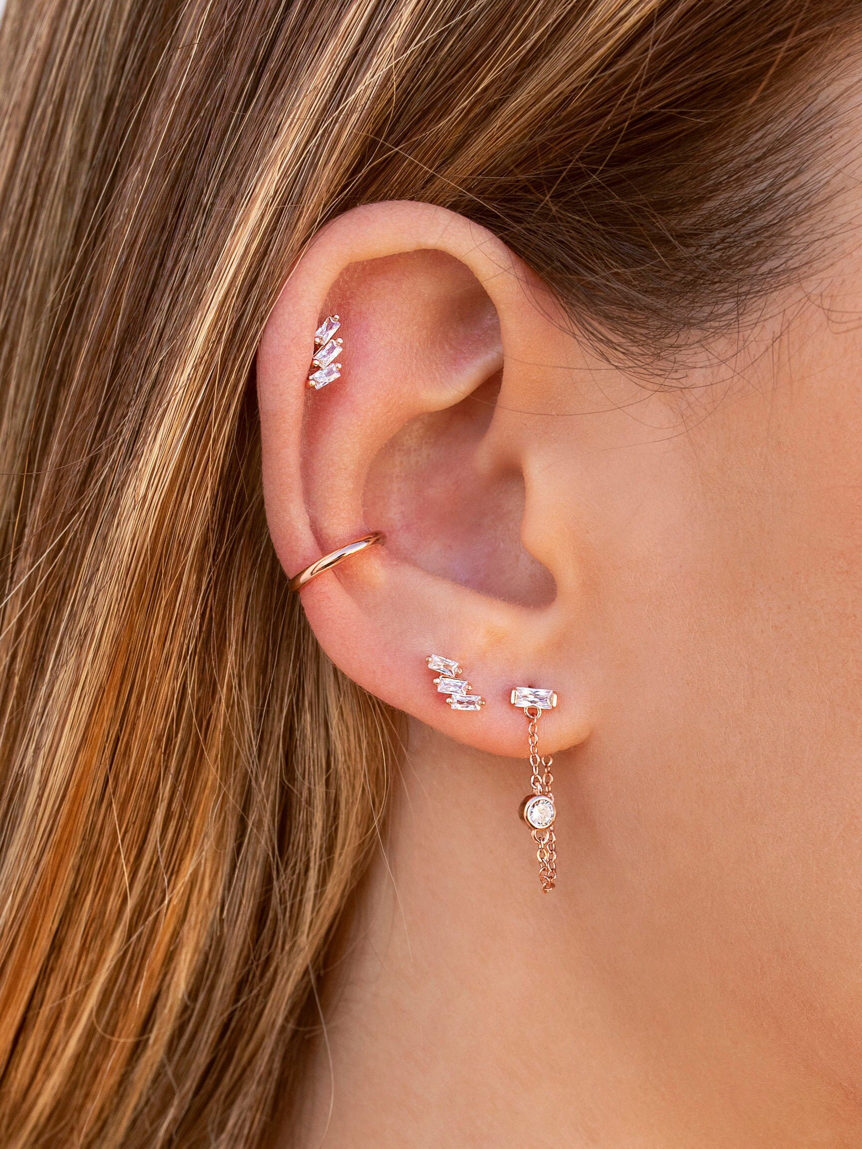 Dainty Baguette & Round CZ Dangling Chain Stud Earrings - Etsy