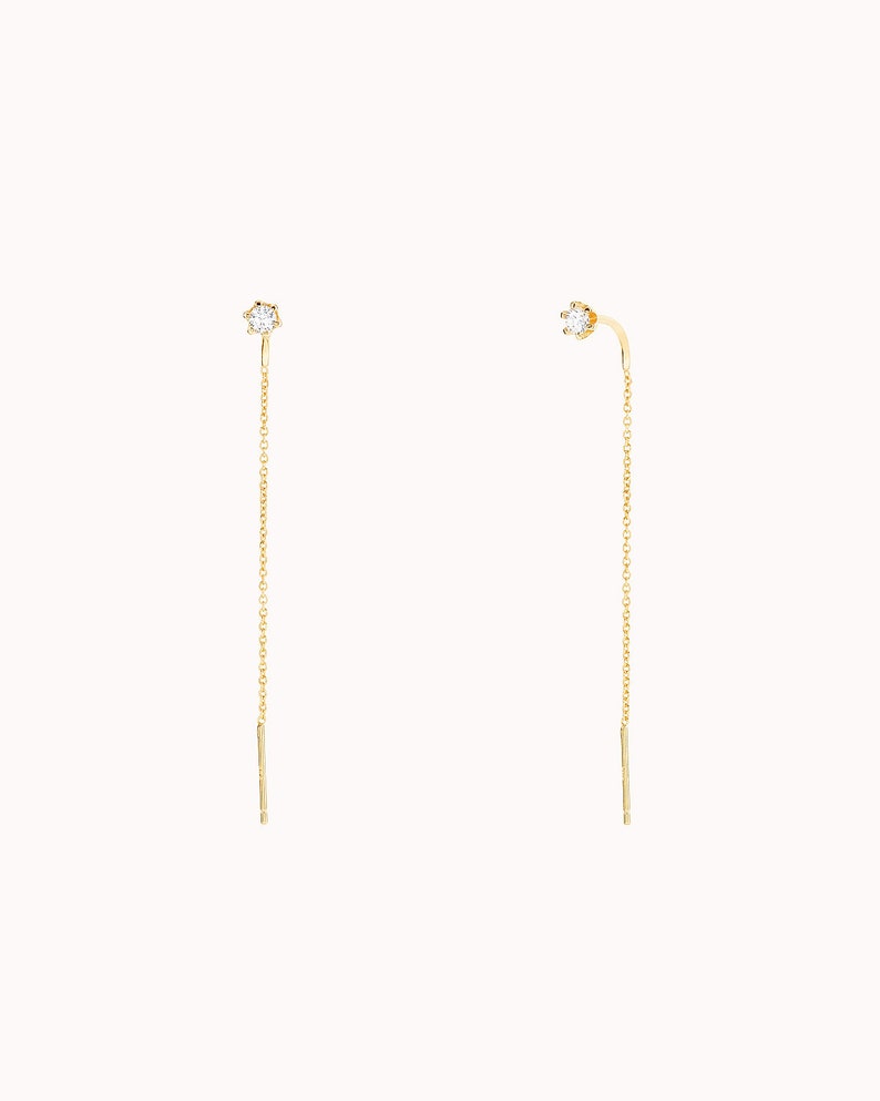 Dainty 6 Prong CZ Threader Chain Earrings image 2