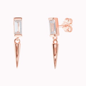 Dainty Baguette CZ Stud Earrings With Dangling Spike Charm Two Sizes Available 画像 6