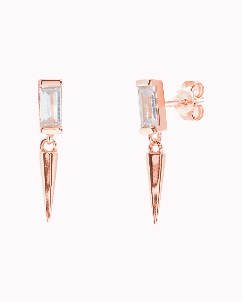 Dainty Baguette CZ Stud Earrings With Dangling Spike Charm Two Sizes Available 画像 6