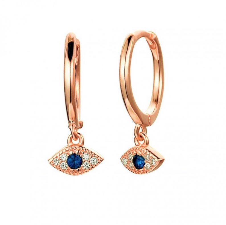 JIANGYUE Orecchini a cerchio blu con occhio malvagio, placcati oro/rosa