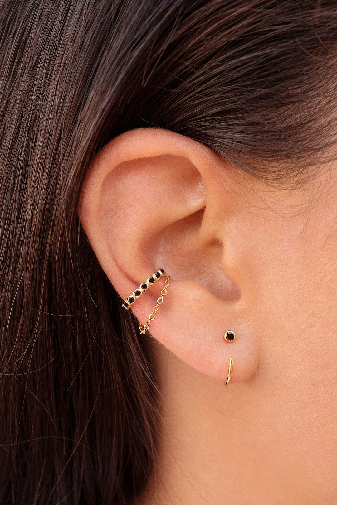 Dainty Bezel Black CZ Dangling Chain Conch Ear Cuff Earrings Fake