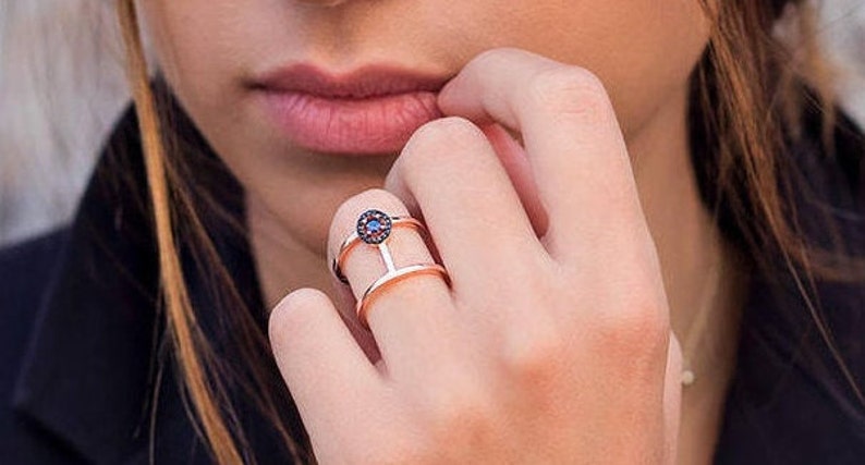 Double cubic zirconia ring, Wide rings, Blue cz ring, Double band ring, Special occasion rings, Minimalist rings, Elegant ring, Silver ring image 9