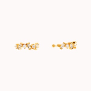 Dainty Baguette & Round CZ Conch Ear Cuff Earrings Gold