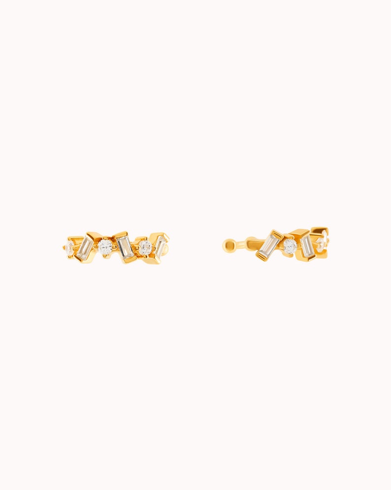 Dainty Baguette & Round CZ Conch Ear Cuff Earrings Gold