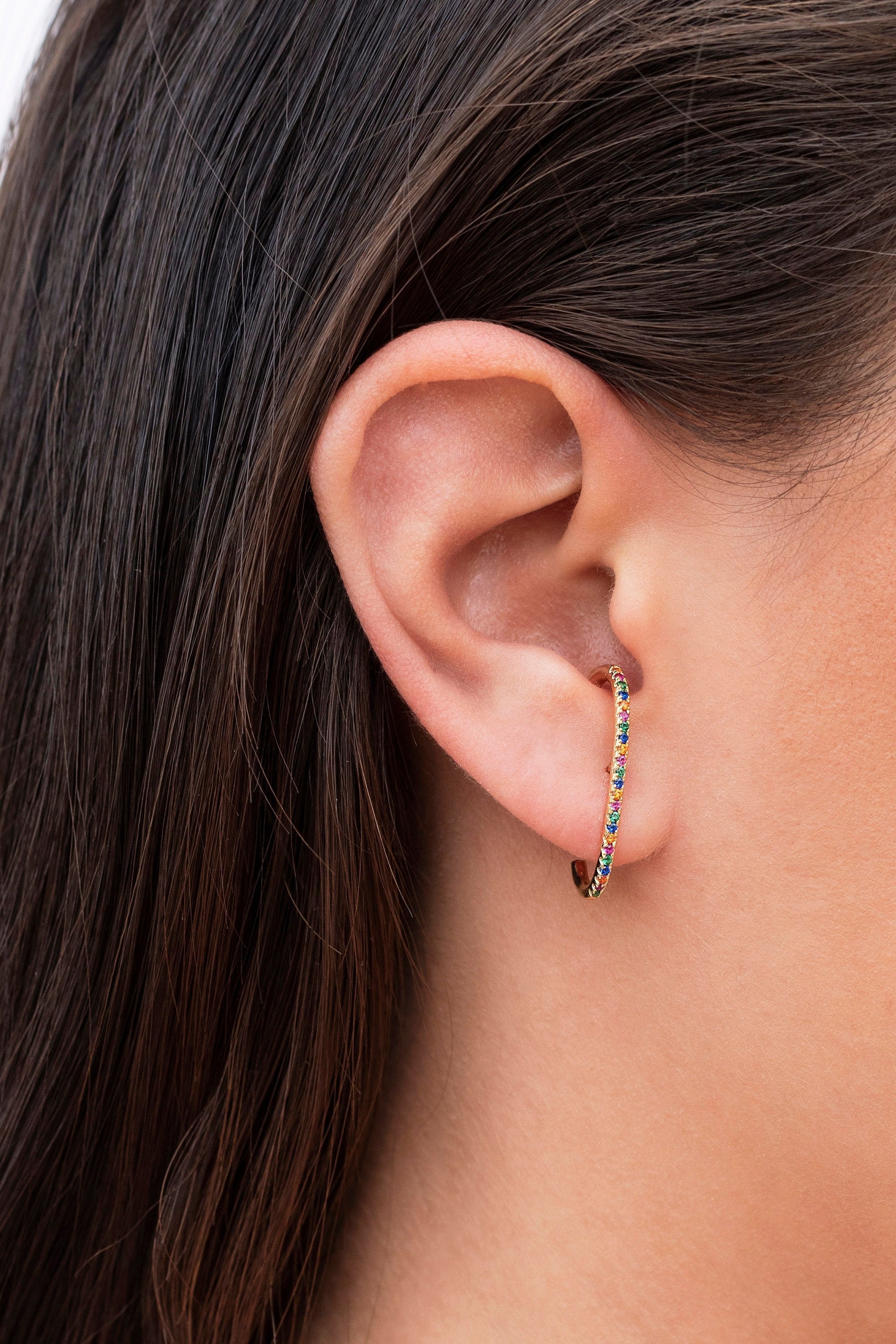 Multicolor Rainbow Cz Ear Lobe Cuff Stud Earrings Etsy