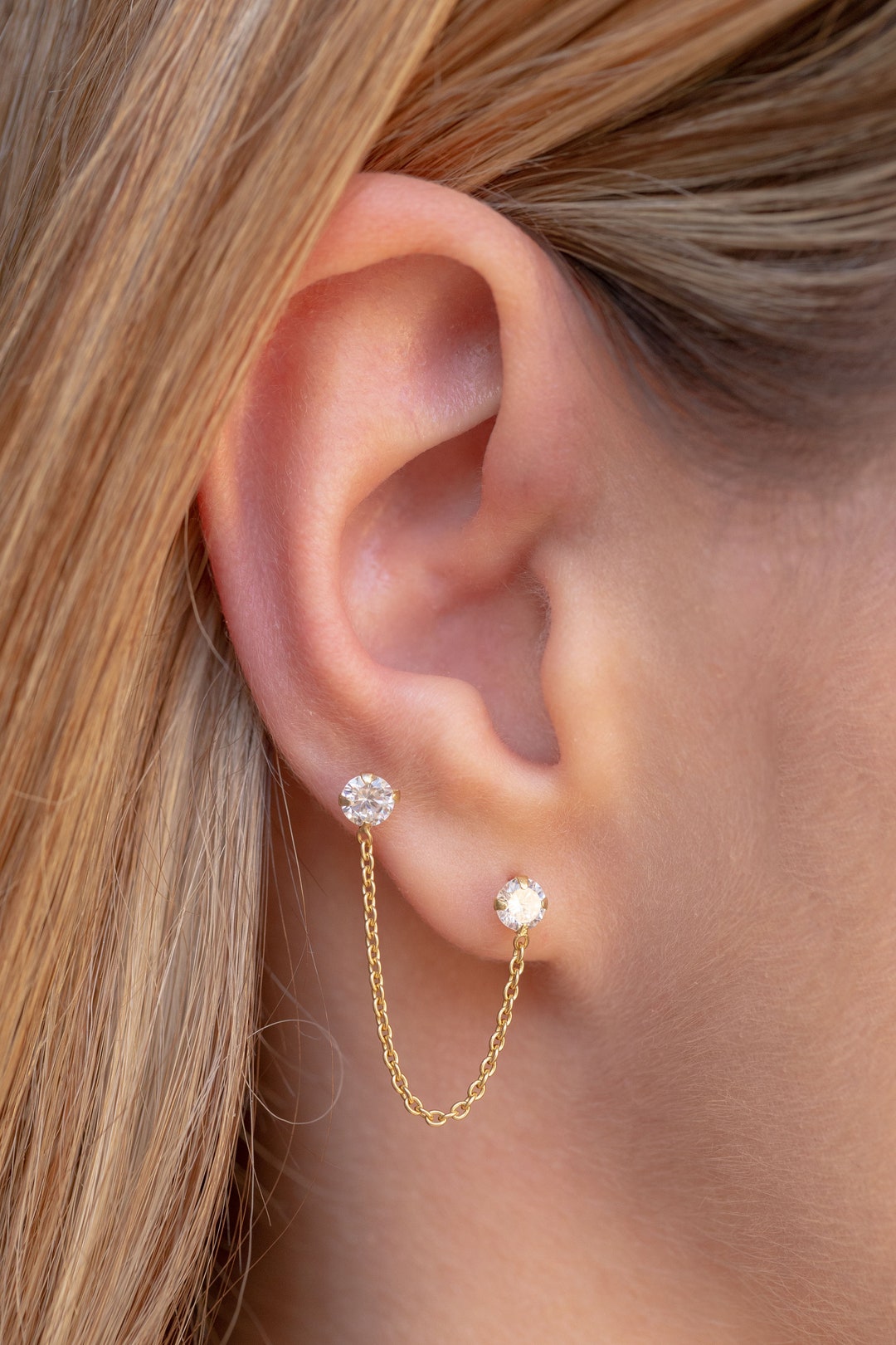 Dainty Chain CZ Double Stud Earrings - Etsy