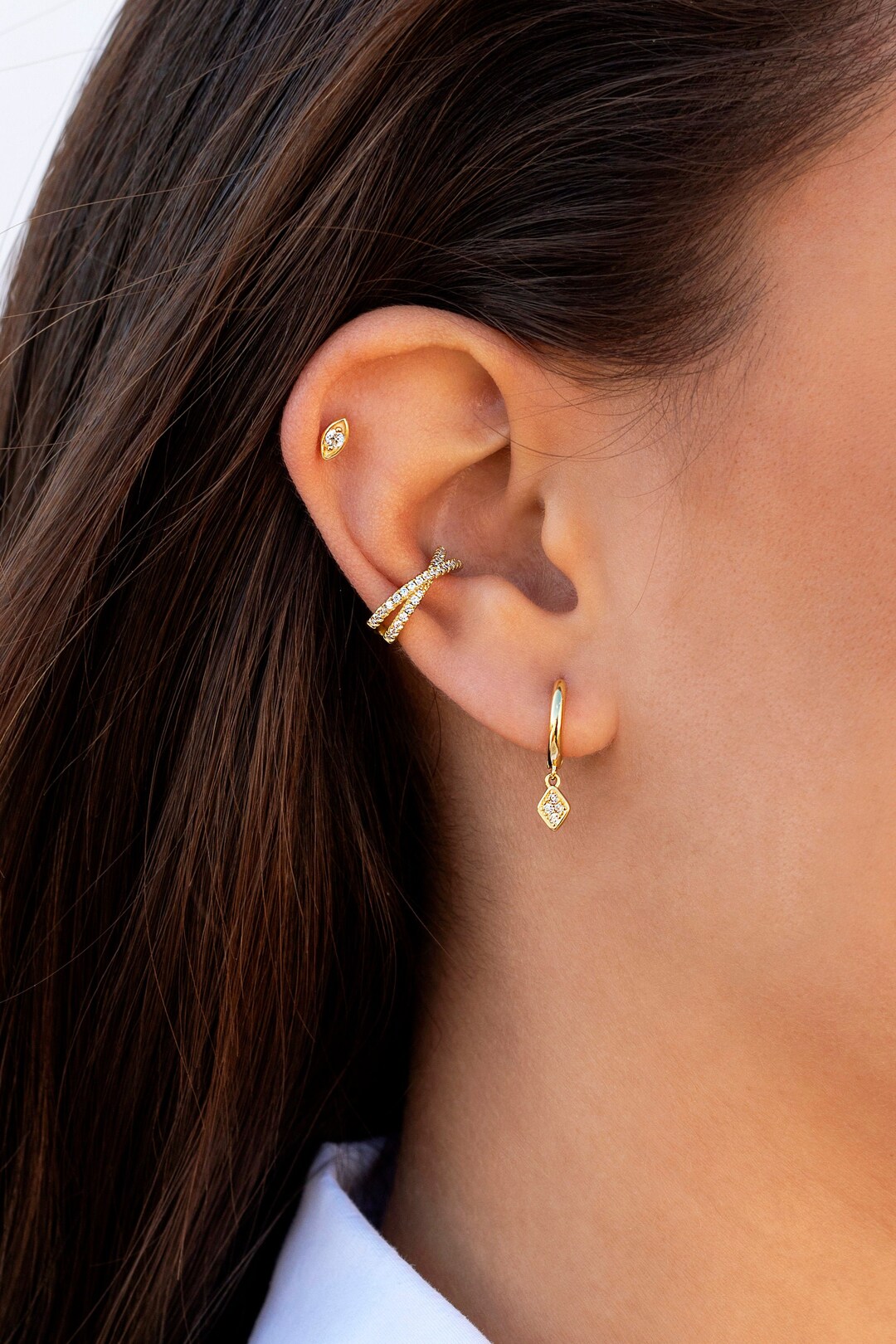Dainty Pave CZ Rhombus Charm Huggie Hoop Earrings - Etsy