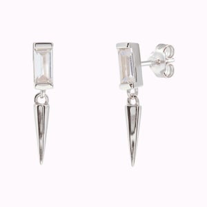Dainty Baguette CZ Stud Earrings With Dangling Spike Charm Two Sizes Available 画像 4