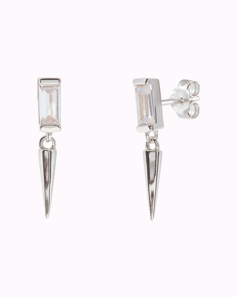 Dainty Baguette CZ Stud Earrings With Dangling Spike Charm Two Sizes Available 画像 4