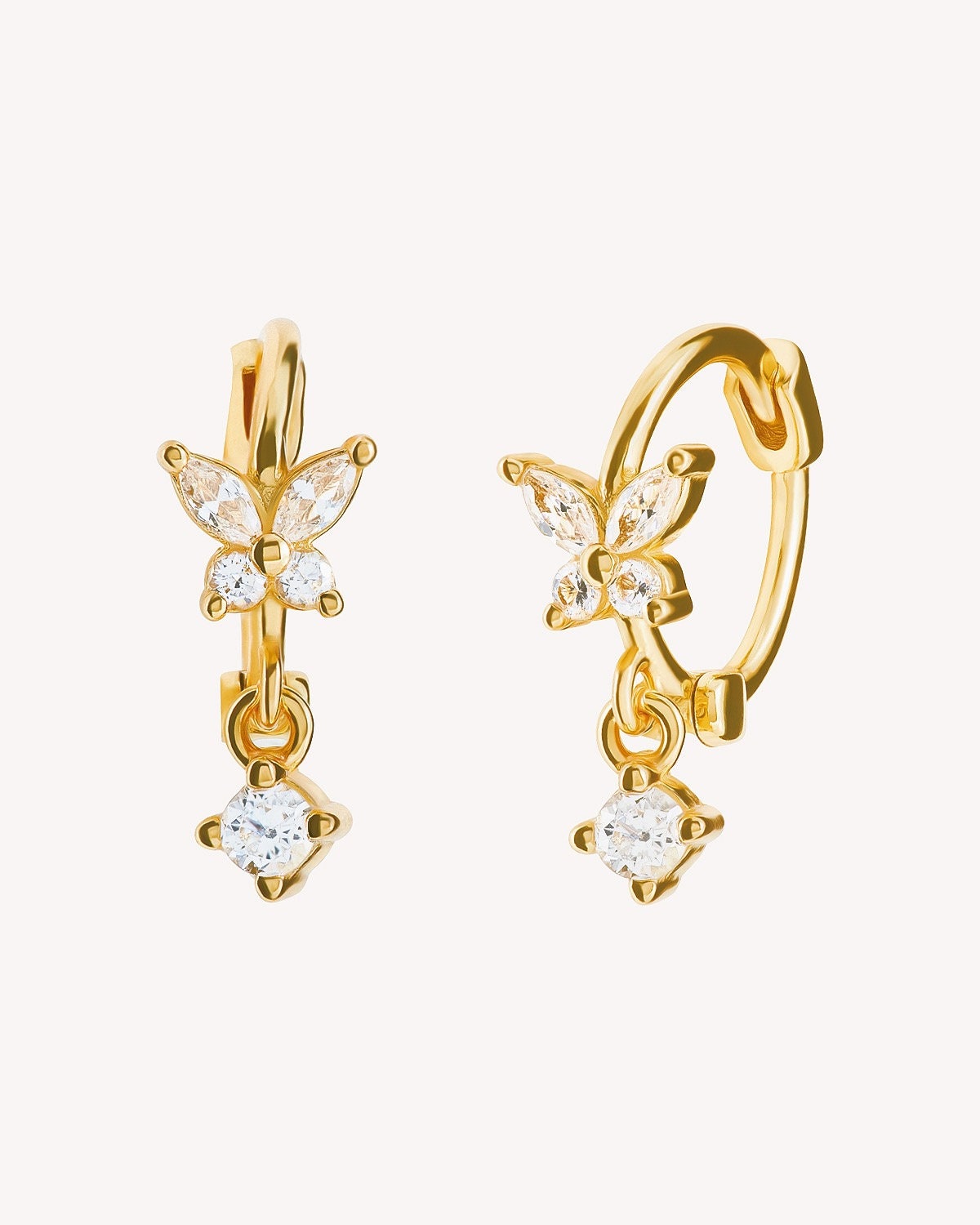 Dainty CZ Butterfly Shaped Huggie Hoop Earrings With Dangling Charm