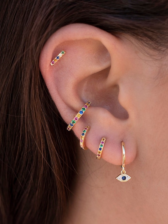 Multicolor Rainbow Cz Bar Stud Earrings Etsy