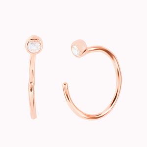 Tiny CZ Open Huggie Hoop Earrings Ear hugger, Available in Black and White Rose Gold - White