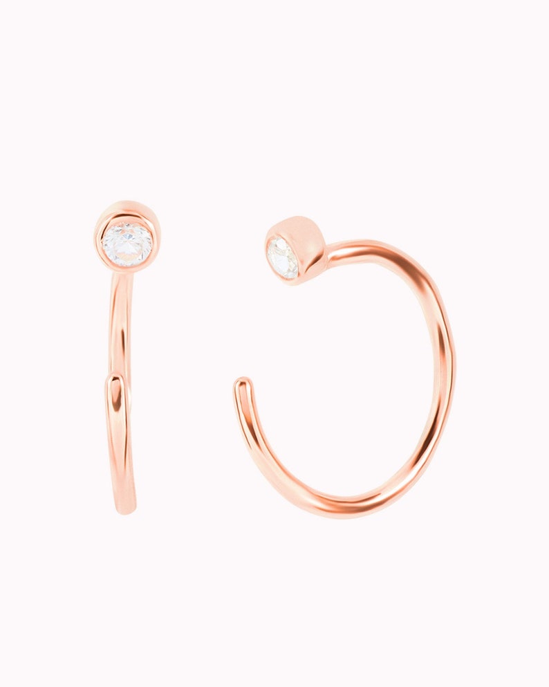 Tiny CZ Open Huggie Hoop Earrings Ear hugger, Available in Black and White Rose Gold - White