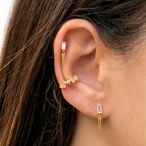 Dainty Baguette CZ Stud Earrings With Dangling Spike Charm Two Sizes Available 画像 5