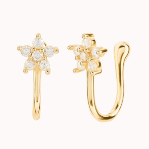 Dainty & Minimalist Pave CZ Flower Shaped Helix Ear Cuff Earrings Gold