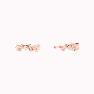 Dainty Baguette & Round CZ Conch Ear Cuff Earrings Rose gold