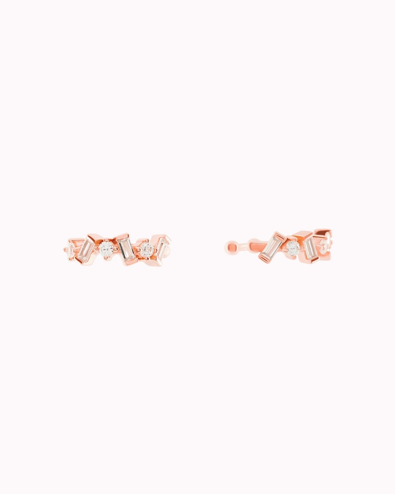 Dainty Baguette & Round CZ Conch Ear Cuff Earrings Rose gold