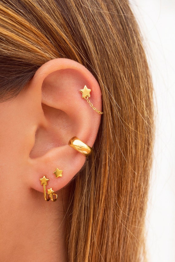 Dainty Star Shaped Dangling Chain Stud Earrings Etsy