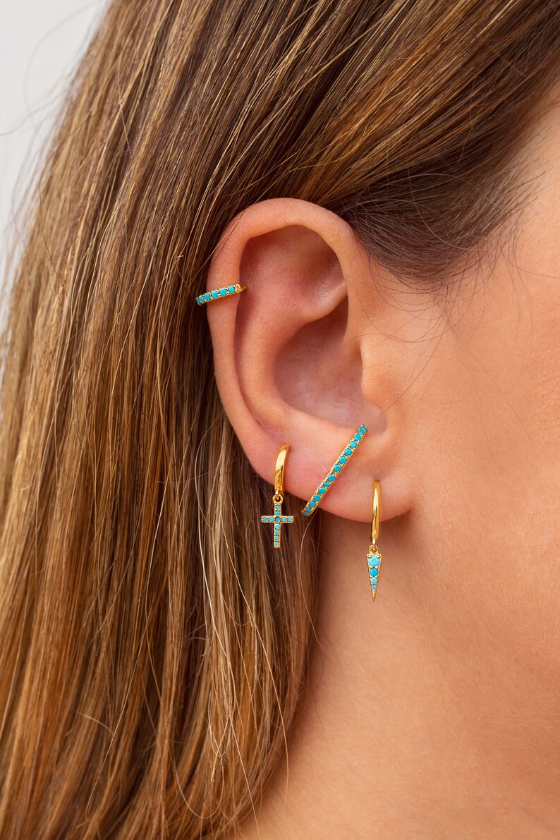 Minimalist Turquoise CZ Ear Lobe Cuff Stud Earrings Etsy UK