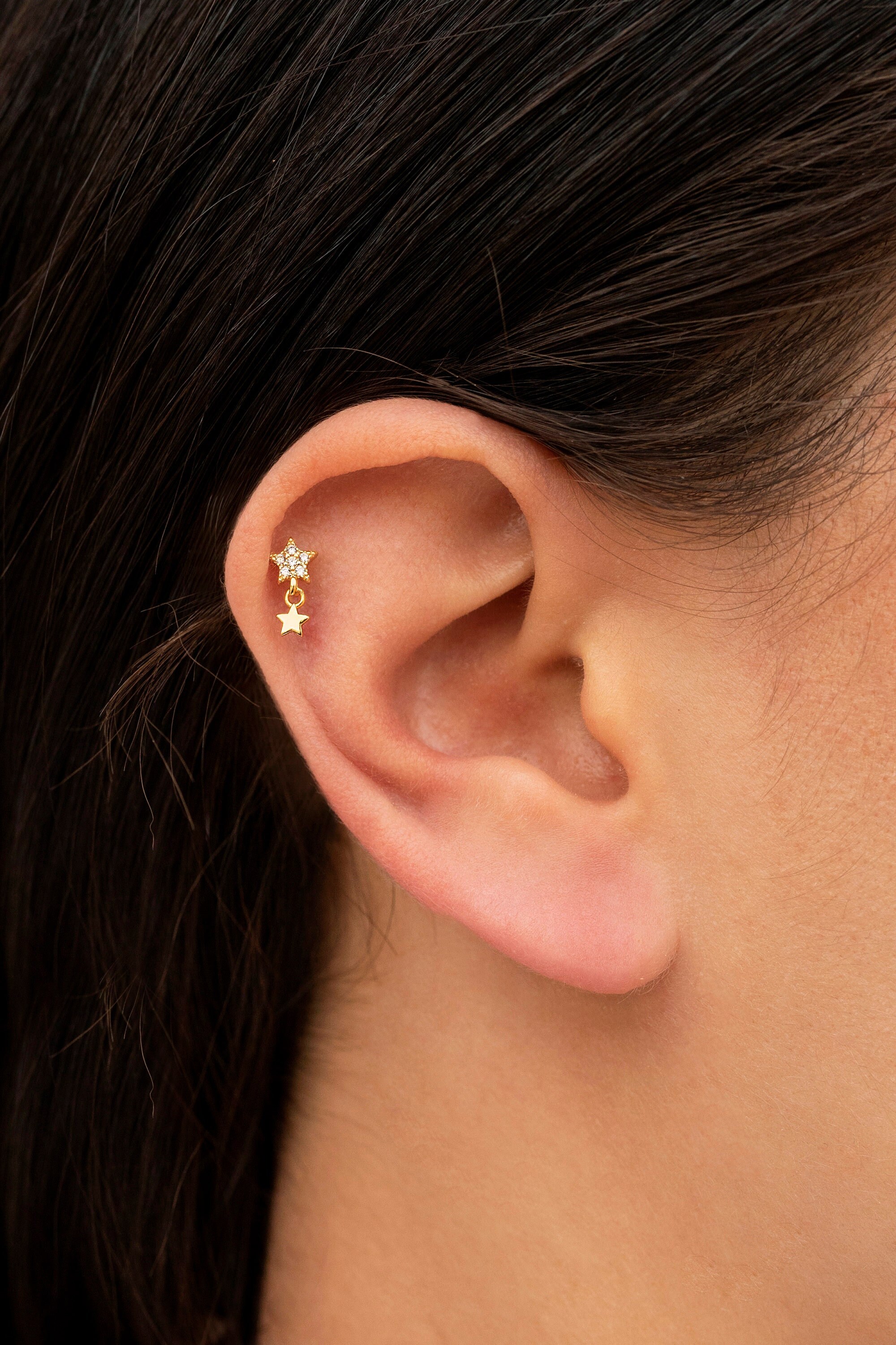 Dainty Pave CZ Star Stud Earrings With Dangling Star Charm